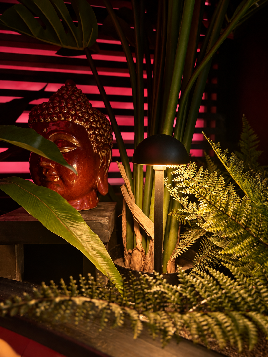 Glazed Buddha head beside a low path light and ferns, red light glowing through a slatted screen.
