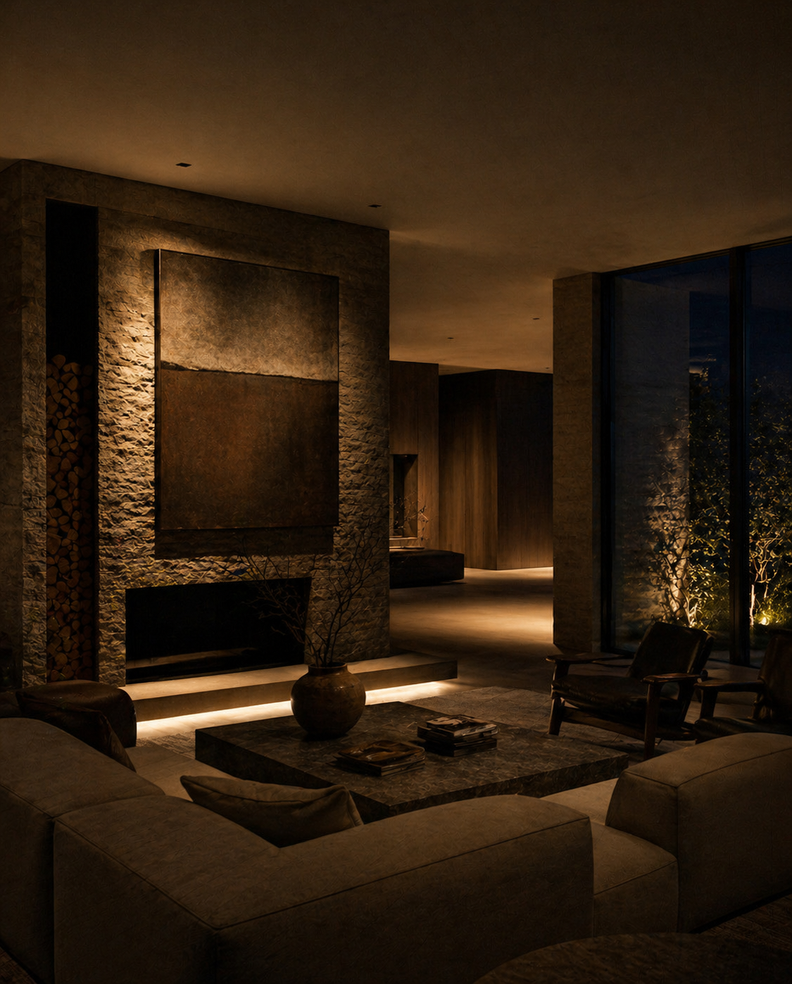 Residential visual concept looking across a dark living room towards a textured stone fireplace, artwork and softly lit planting beyond the glazing.