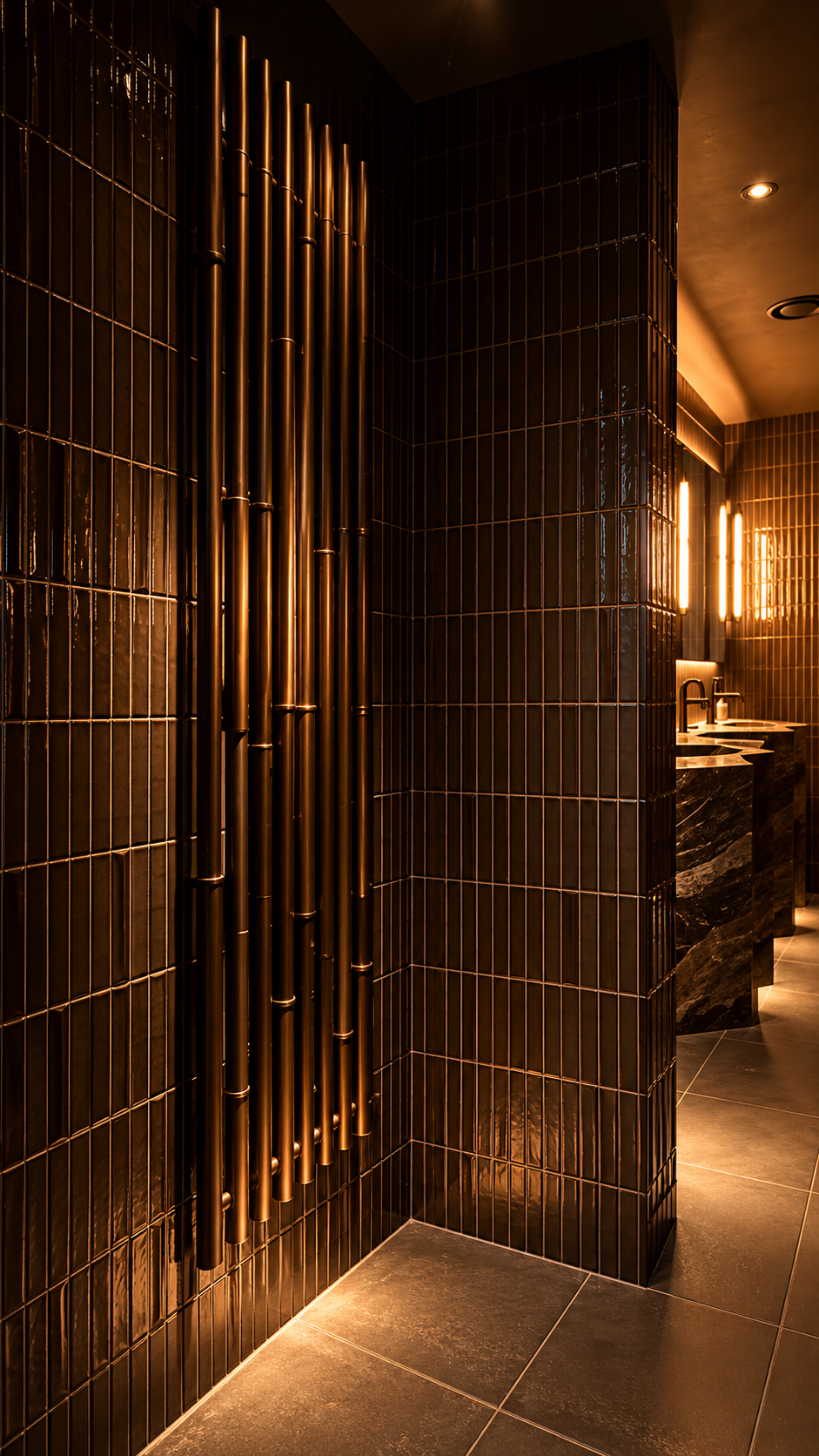 Bronze bamboo-like pipework rising against dark tiled walls, warm basin light beyond.