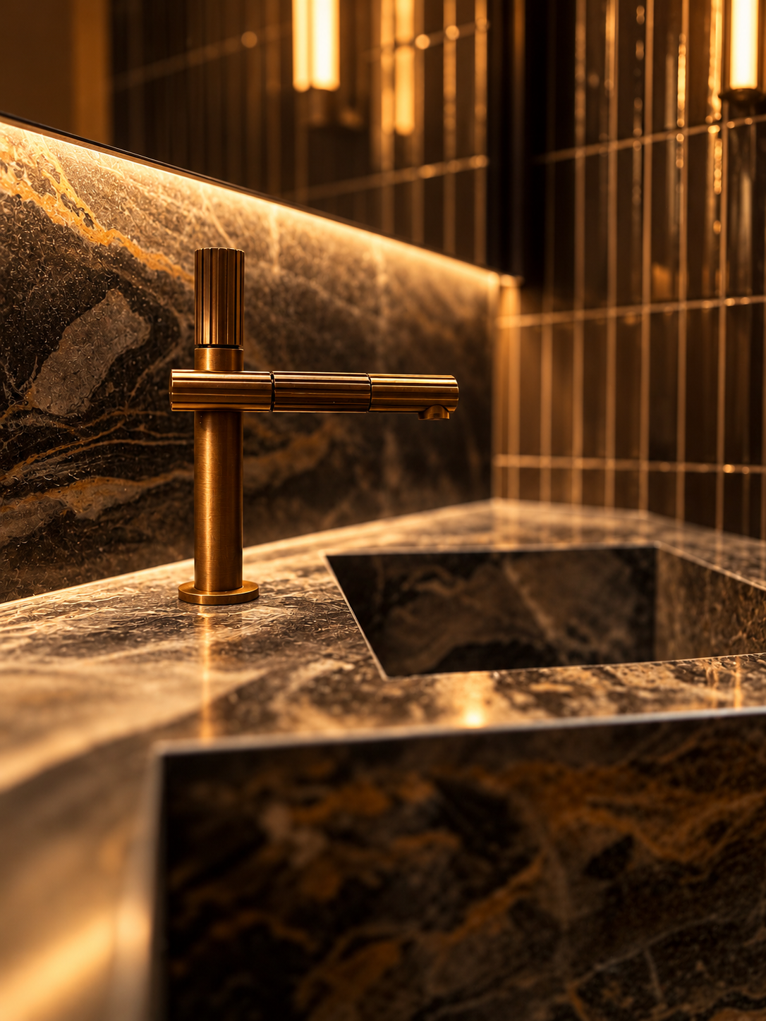 Close view of a ribbed bronze tap over a black and gold marble basin in warm low light.