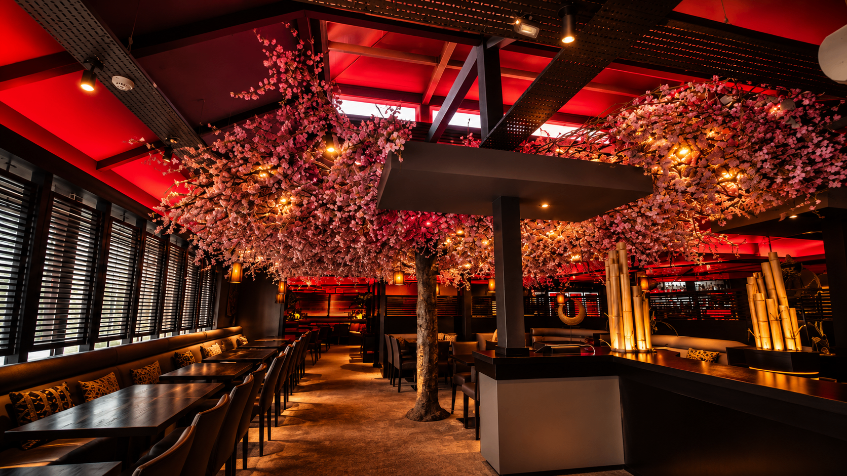 Cherry-blossom canopy glowing with warm points of light, the red-lit ceiling beyond deepening the room.