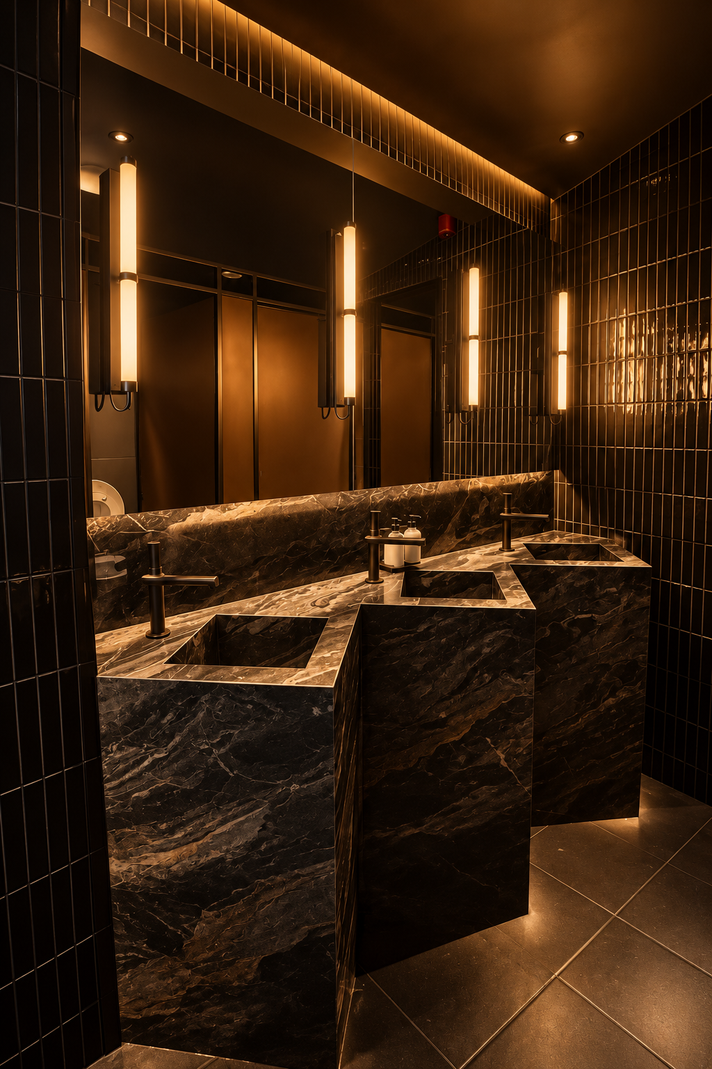 Dark marble washroom with a row of basins, slender glowing tube pendants and warm amber mirror light.