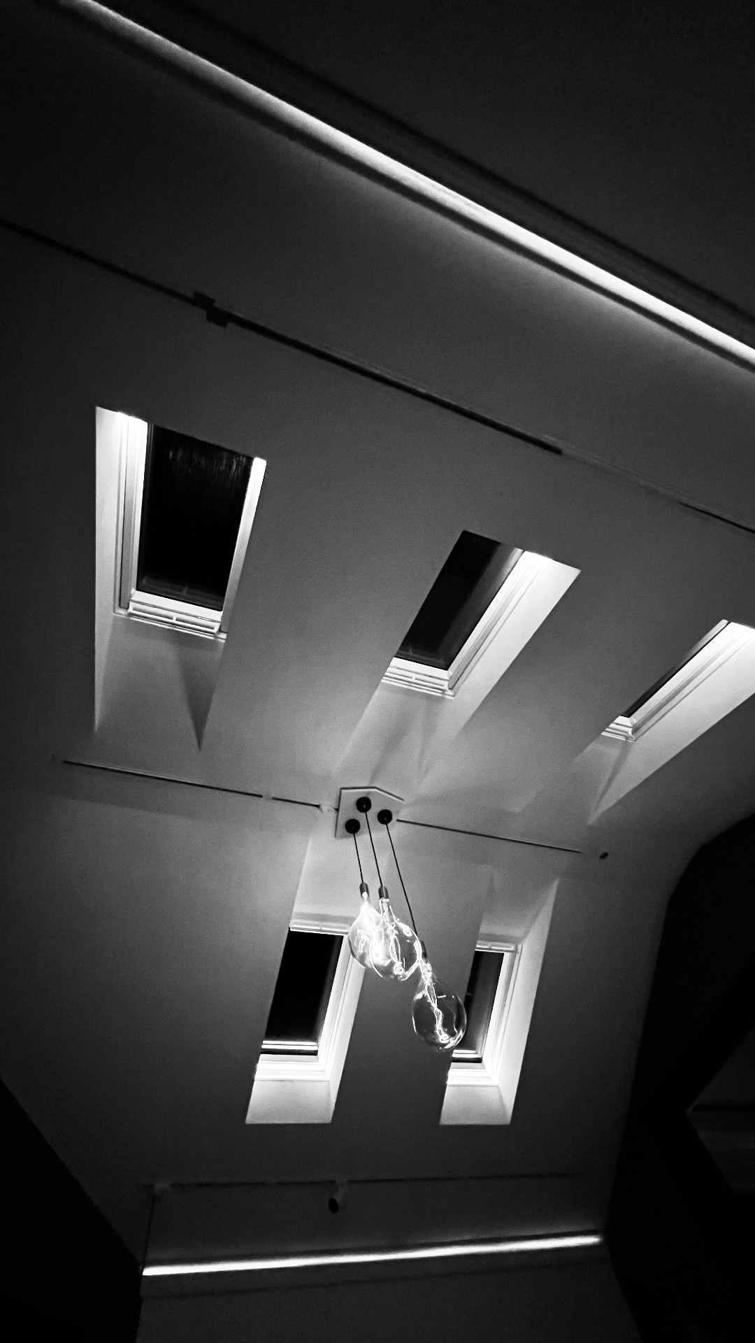 Black-and-white view upward through a vaulted interior, with illuminated rooflights and a suspended pendant after dark.